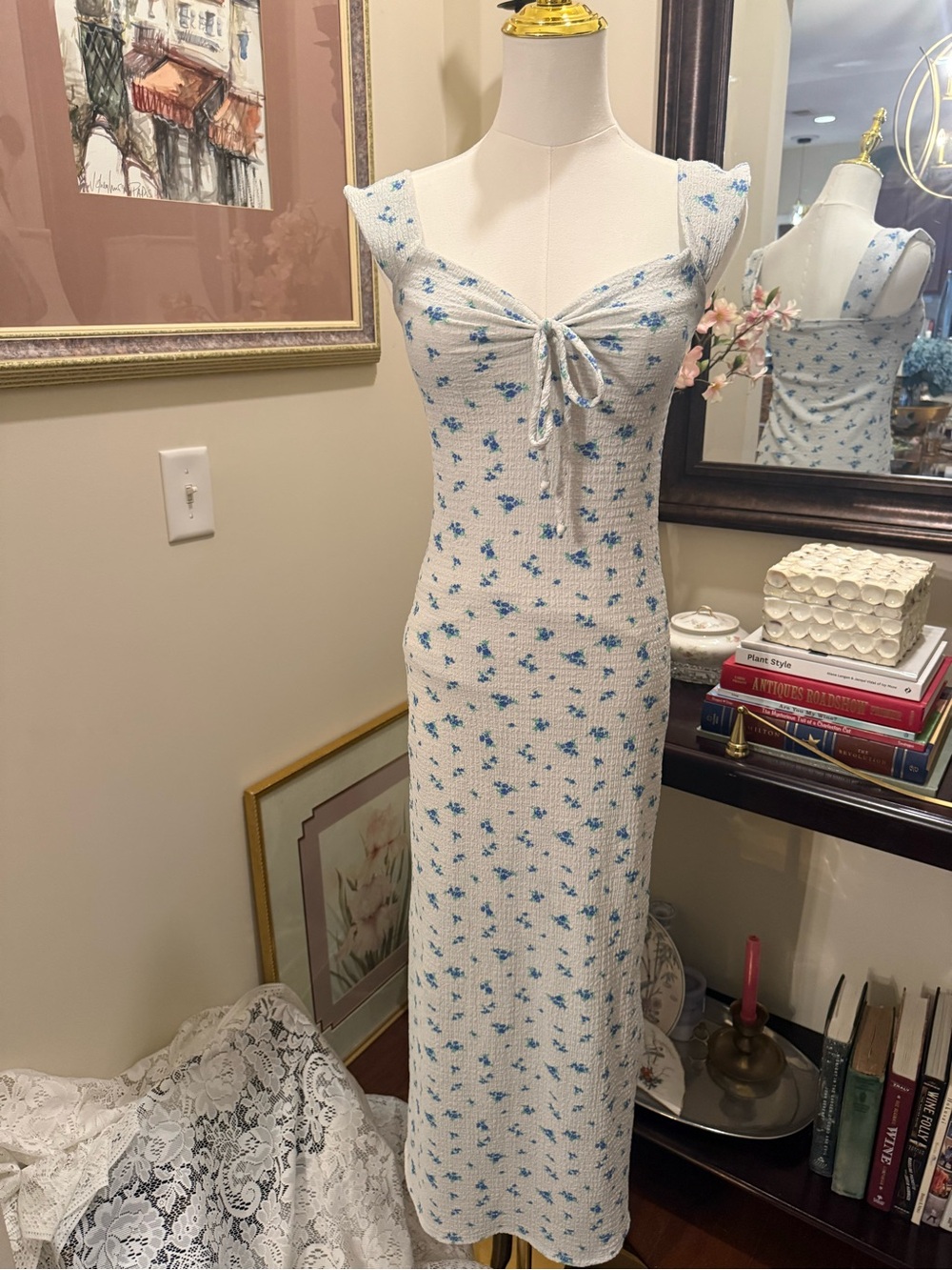 See You Monday White Midi Dress with Blue Floral Print
